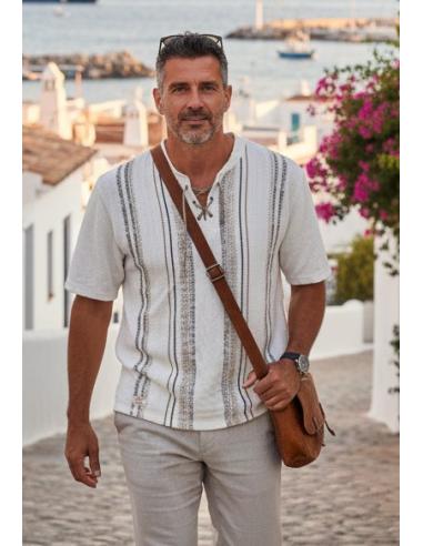 TEE-SHIRT HOMME EN COTON imprimé, col V à lacet, manches courtes par Coton Marine 26,90 €